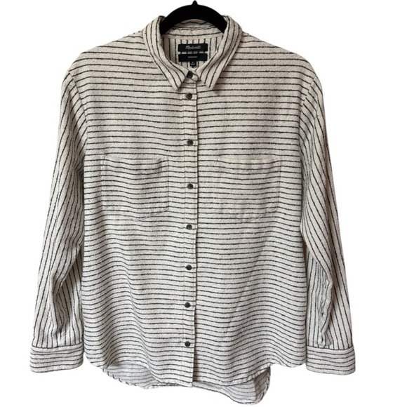 Madewell Sunday Womens Flannel Shirt in Mick Stripe Oversized Textured Pockets M - Picture 1 of 5